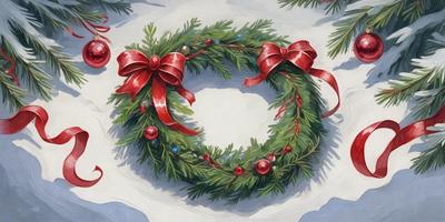 The primary subject of the image is a beautifully decorated Christmas wreath. The wreath is adorned with red and green ribbons, and it is placed on a white surface, which could be a table or a wall. The visual style of the image is a painting, which adds a sense of artistic expression and creativity to the scene. The colors and mood of the image are festive and joyful, as the wreath is a traditional symbol of the holiday season.